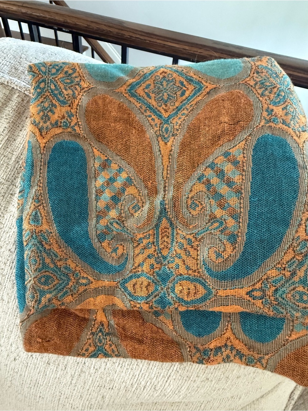pashmina Silk Blend Teal and Mustard Paisley Pashmina Scarf - Picture 7 of 7